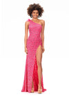 Pink ASHLEYlauren 11277 one shoulder gown featuring intricate sequin and crystal beading, feather-accented neckline, left leg slit, and strappy open back.