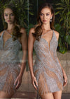 Editorial Silver ASHLEYlauren 4767 One Shoulder Hand Beaded Cocktail Dress with Plunging V-Neck and Open Back