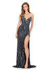ASHLEYlauren 11236 Gown | Gunmetal strapless hand-beaded gown with sweetheart neckline, floral sequin motif, and left leg slit for a modern, glamorous look.