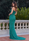 ASHLEYlauren 11236 Gown | Jade strapless beaded gown with sweetheart neckline and thigh slit