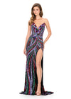ASHLEYlauren 11236 Gown | Multi black strapless hand-beaded gown with sweetheart neckline, floral sequin motif, and left leg slit for a modern, glamorous look.