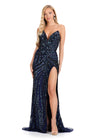 ASHLEYlauren 111236 | Navy strapless gown with sweetheart neckline, floral sequin motif, fully hand-beaded design, and left leg slit.