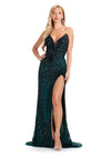 ASHLEYlauren 111236 | Nebula-Green beaded strapless dress featuring modern floral detailing, fitted bustier, and elegant slit.