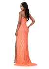 ASHLEYlauren 11236 | Orange strapless hand beaded gown with floral sequin motif, sweetheart neckline and left leg slit. Back