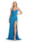 ASHLEYlauren 111236 | Peacock hand-beaded strapless dress featuring floral motif bustier, shimmering beadwork, and slit skirt.
