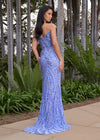 ASHLEYlauren 11236 Gown | Periwinkle strapless beaded gown with floral sequin motif and leg slit