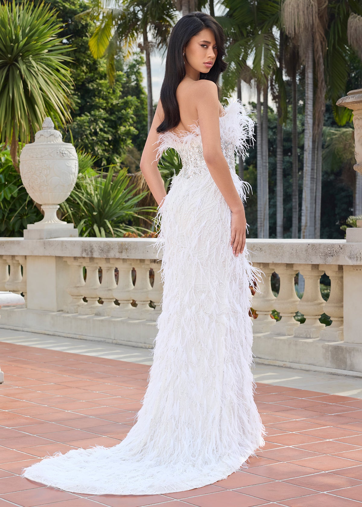 ASHLEYlauren 11457 Strapless Fully Beaded Feather Gown ASHLEYlauren 11457 Strapless Fully Beaded Feather Gown