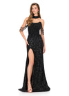 ASHLEYlauren 11598 | Black strapless pearl and crystal embellished gown featuring off shoulder detail, beaded choker, and left leg slit