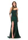ASHLEYlauren 11598 | Emerald fully beaded gown with pearl and crystal embellished bustier, off shoulder design, beaded choker, and left leg slit