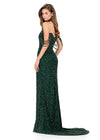 ASHLEYlauren 11598 | Emerald pearl and crystal encrusted strapless gown featuring off shoulder neckline, matching beaded choker, and left leg slit