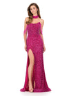 ASHLEYlauren 11598 | Fuchsia fully beaded gown featuring pearl and crystal accents, off shoulder fit, beaded choker, and left leg slit