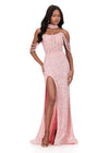 ASHLEYlauren 11598 | Ice Pink fully beaded gown featuring pearl and crystal embellishment, off shoulder neckline, matching beaded choker, and left leg slit