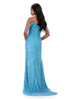 ASHLEYlauren 11598 | Sky fully beaded gown with pearl and crystal encrusted bustier, off shoulder design, matching beaded choker, and left leg slit. Back