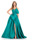 ASHLEYlauren 11609 | Jade Mikado gown featuring strapless neckline, statement bow detail, and elegant A-line wrap design.