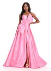 ASHLEYlauren 11609 | Pink Mikado ball gown featuring strapless bodice, asymmetrical bow, and full A-line wrap skirt.