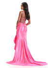 ASHLEYlauren 11638 | Pink shimmer jersey gown with corset bodice, spaghetti straps, bow detail, and cascading ruffle accent.