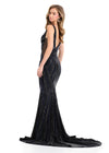 ASHLEYlauren 11693 | Black fitted jersey gown with V-neckline, open back, and dazzling press-on stone detail.