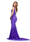ASHLEYlauren 11693 | Purple fitted jersey gown with V-neckline, open back, and press-on stone embellishments throughout.
