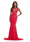 ASHLEYlauren 11693 | Red jersey evening dress featuring press-on stones, deep neckline, and sleek open back design.