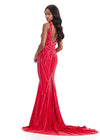 ASHLEYlauren 11693 | Red fitted jersey gown with V-neckline, open back, and shimmering press-on stone detailing.