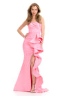 ASHLEYlauren 11751 | Candy-Pink ruched strapless dress featuring statement side ruffle, fitted silhouette, and elegant slit.