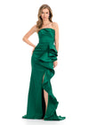 ASHLEYlauren 11751 | Emerald fitted strapless dress featuring cascading side ruffle, elegant ruching, and thigh-high slit.