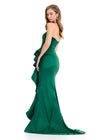 ASHLEYlauren 11751 | Emerald strapless taffeta gown with ruched bodice, flowing ruffle detail, and left slit.