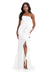 ASHLEYlauren 11751 | White ruched strapless dress featuring dramatic ruffle detail, elegant slit, and sleek fitted silhouette.