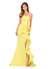 ASHLEYlauren 11751 Gown | Yellow strapless taffeta gown with ruched bodice, cascading side ruffle, and left leg slit.