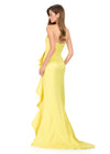 ASHLEYlauren 11751 Gown | Yellow strapless taffeta gown with ruched bodice, cascading side ruffle, and left leg slit. Back view
