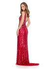 Back - Red ASHLEYlauren 11790 Fully Beaded Gown with V-Neckline, V-Back, and Curve-Enhancing Beadwork