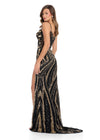 ASHLEYlauren 11821 -Black and Gold Beaded Corset Illusion Evening Gown - Embellished Ashley Lauren Dress with High Slit - Back View
