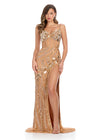 ASHLEYlauren 11821 - Gold Beaded Corset Illusion Evening Gown - Embellished Ashley Lauren Dress with High Slit
