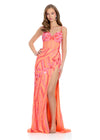 ASHLEYlauren 11821 - Hot Pink & Coral Beaded Corset Illusion Evening Gown - Embellished Ashley Lauren Dress with High Slit