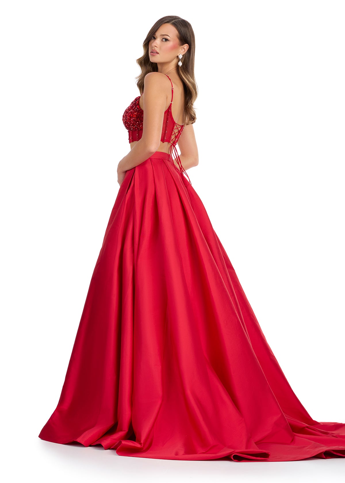 ASHLEYlauren 11826 - Red Two Piece Evening Gown - Embellished Corset - Fit & Flare Skirt - Ashley Lauren Dress - Back View
