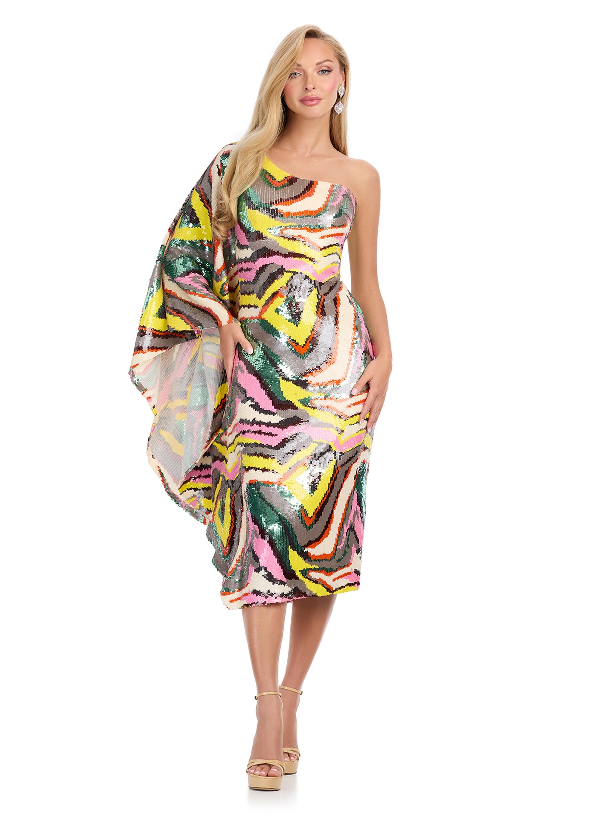 ASHLEYLauren 11831 - Multi Beaded One Shoulder Midi Dress With Cape Sleeve