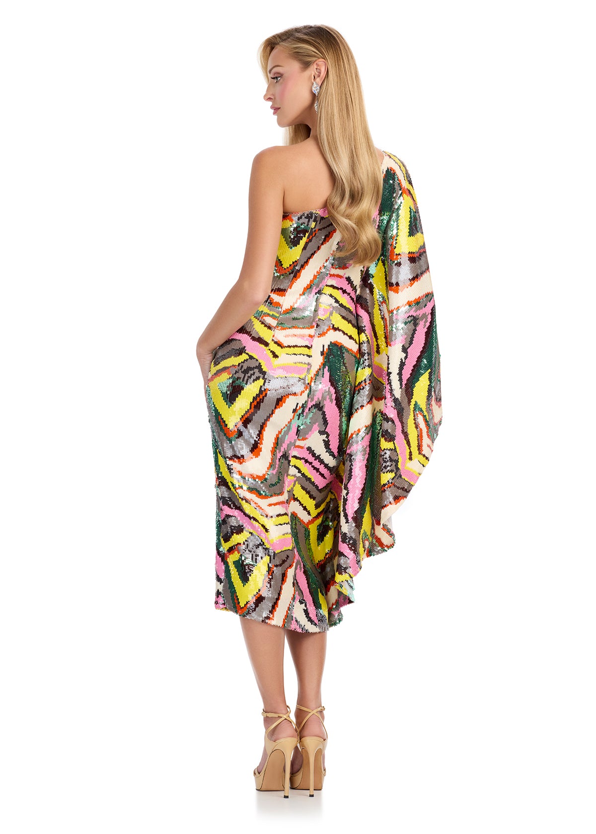 ASHLEYLauren 11831 - Multi Beaded One Shoulder Midi Dress With Cape Sleeve - Back View