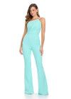 Chic and sophisticated strapless scuba jumpsuit featuring a perfectly tailored fit, an asymmetrical bustier, and a sleek belt for a polished and modern look. Perfect for making a statement at any event.