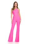Chic and sophisticated strapless scuba jumpsuit featuring a perfectly tailored fit, an asymmetrical bustier, and a sleek belt for a polished and modern look. Perfect for making a statement at any event.