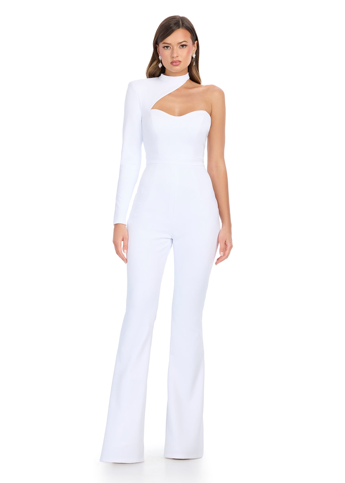Bold and stylish scuba jumpsuit featuring a high neckline, a dramatic one-sleeve design, and a chic cut-out detail for an extra touch of flair. Perfect for making a statement at any event.
