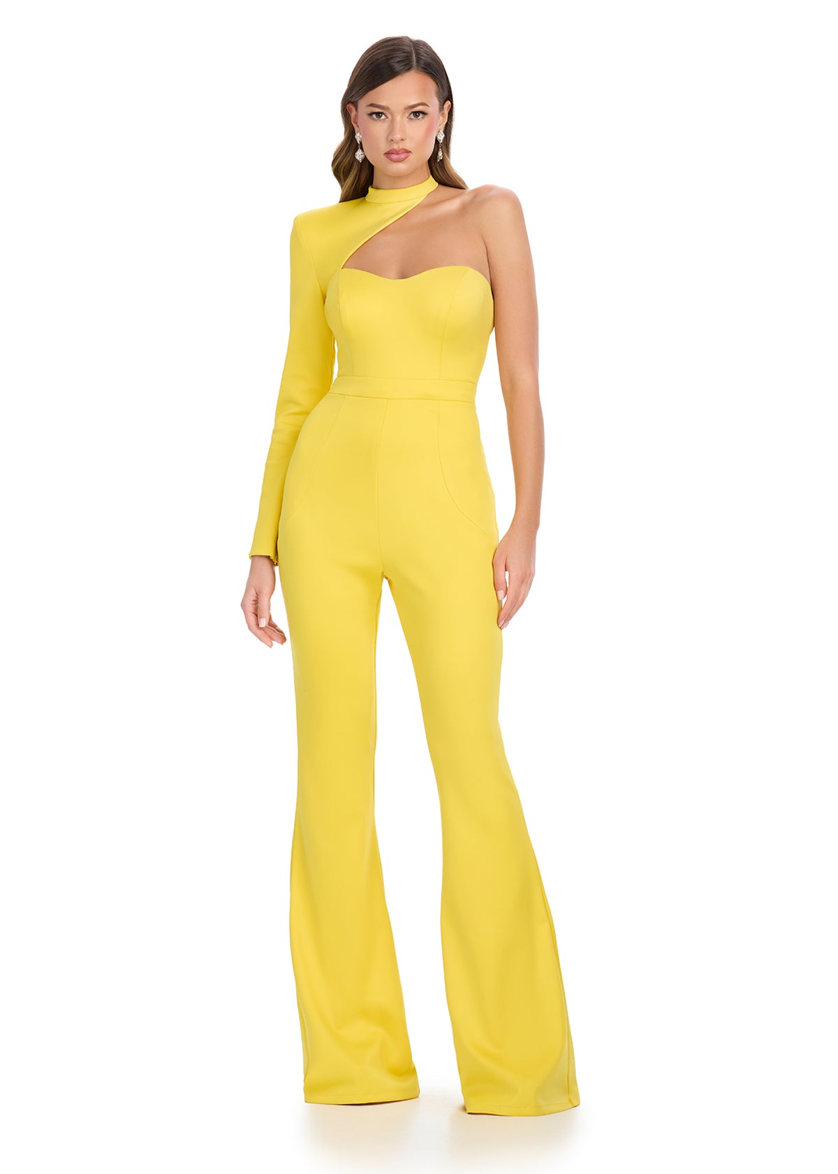 Bold and stylish scuba jumpsuit featuring a high neckline, a dramatic one-sleeve design, and a chic cut-out detail for an extra touch of flair. Perfect for making a statement at any event.