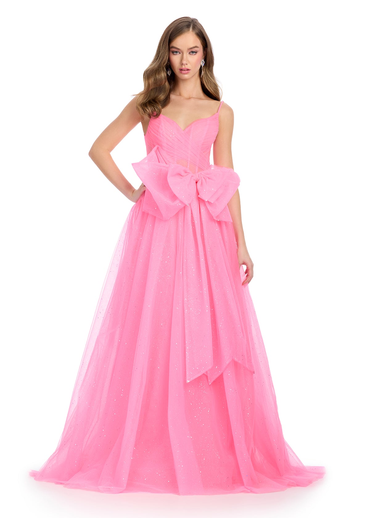 slim fit dress slacks ASHLEYlauren 11841 Glitter Tulle Gown with Bow Accent