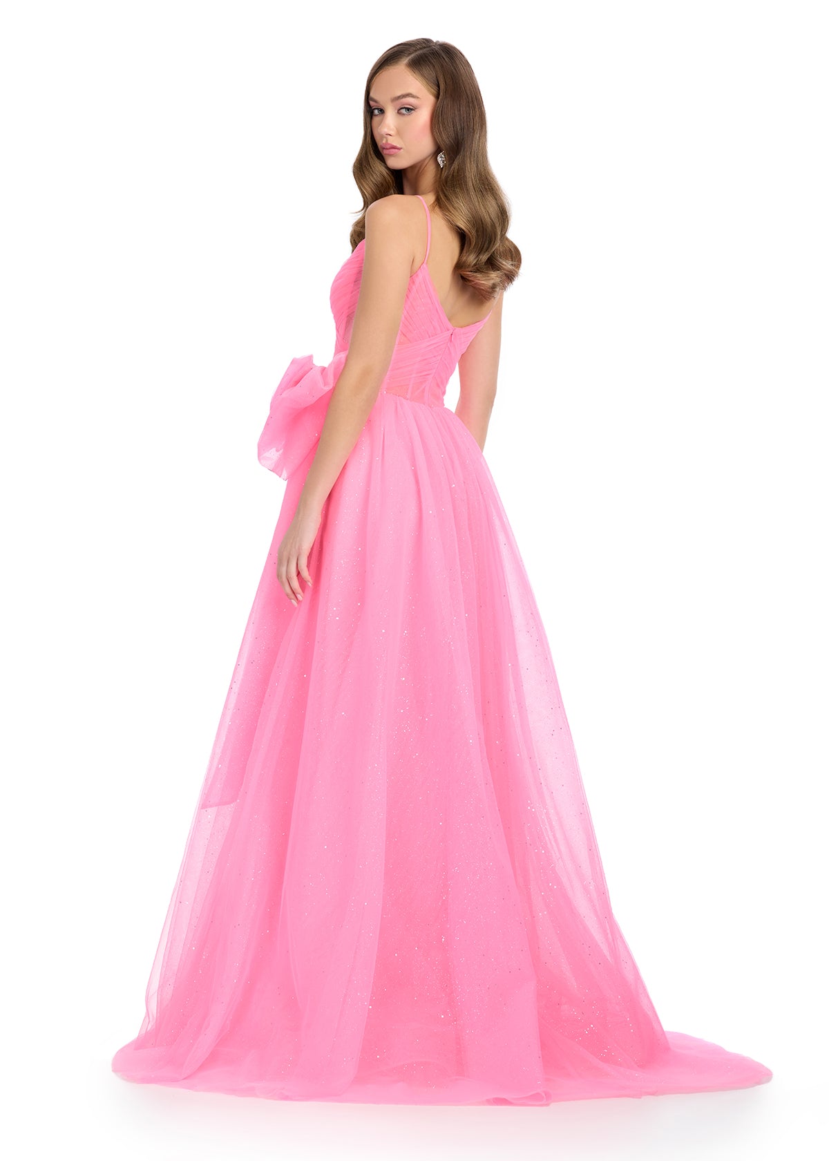 strapless open back dress ASHLEYlauren 11841 Glitter Tulle Gown with Bow Accent