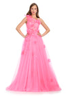 Romantic one-shoulder gown featuring glitter tulle fabric, floral accents cascading down the bodice and skirt, and a flattering A-line silhouette for a dreamy and elegant look. Perfect for special occasions.