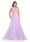 Romantic one-shoulder gown featuring glitter tulle fabric, floral accents cascading down the bodice and skirt, and a flattering A-line silhouette for a dreamy and elegant look. Perfect for special occasions.
