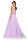 Back - Romantic one-shoulder gown featuring glitter tulle fabric, floral accents cascading down the bodice and skirt, and a flattering A-line silhouette for a dreamy and elegant look. Perfect for special occasions.