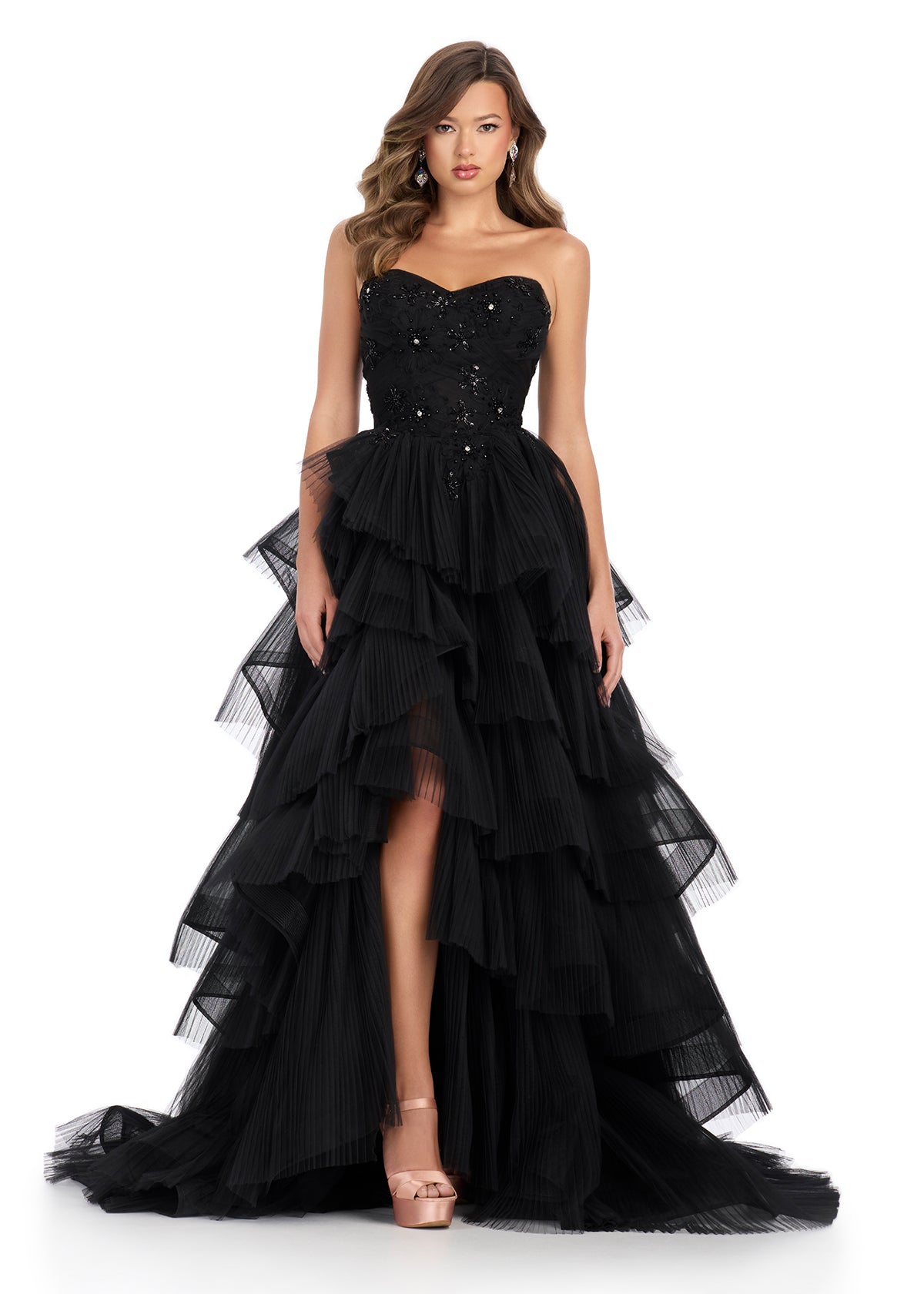 ASHLEYlauren 11845 Tiered Tulle A-Line Gown with Floral Detail ASHLEYlauren 11845 Tiered Tulle A-Line Gown with Floral Detail