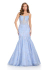 Elegant spaghetti strap gown featuring a structured corset bustier with a lace-up back, delicate tulle appliqué details, and a mermaid-style skirt for a romantic and figure-flattering look. Perfect for special occasions.