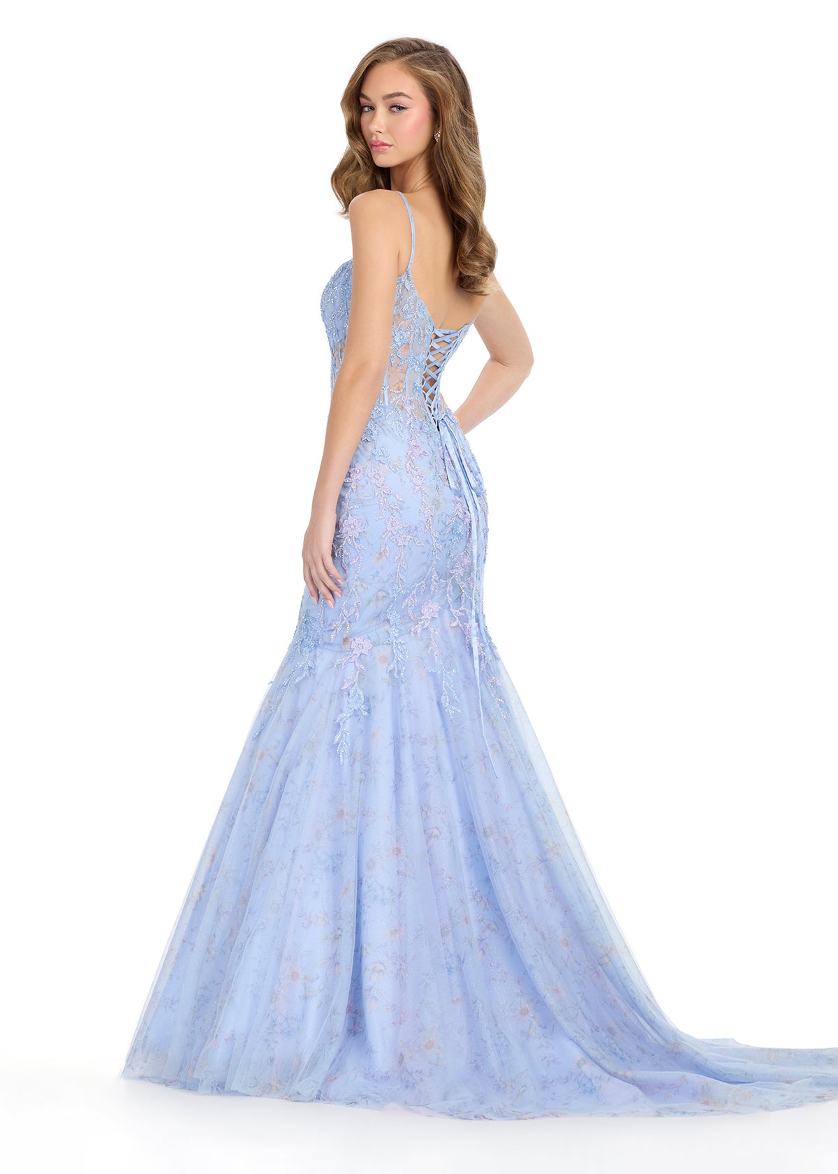 open lace back dress Criss Cross Back Periwinkle Prom Dress with High Slit – FancyVestido main image 0