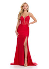 A 10/10 fabulous gown featuring a structured corset bustier adorned with intricate embroidered appliqué, delicate spaghetti straps, and a sleek jersey wrap skirt. Complete with a left leg slit and sweep train for a glamorous finish. Perfect for special occasions.